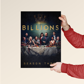 Billions Season 3 poster by Dripster featuring main cast around a dining table with dark background